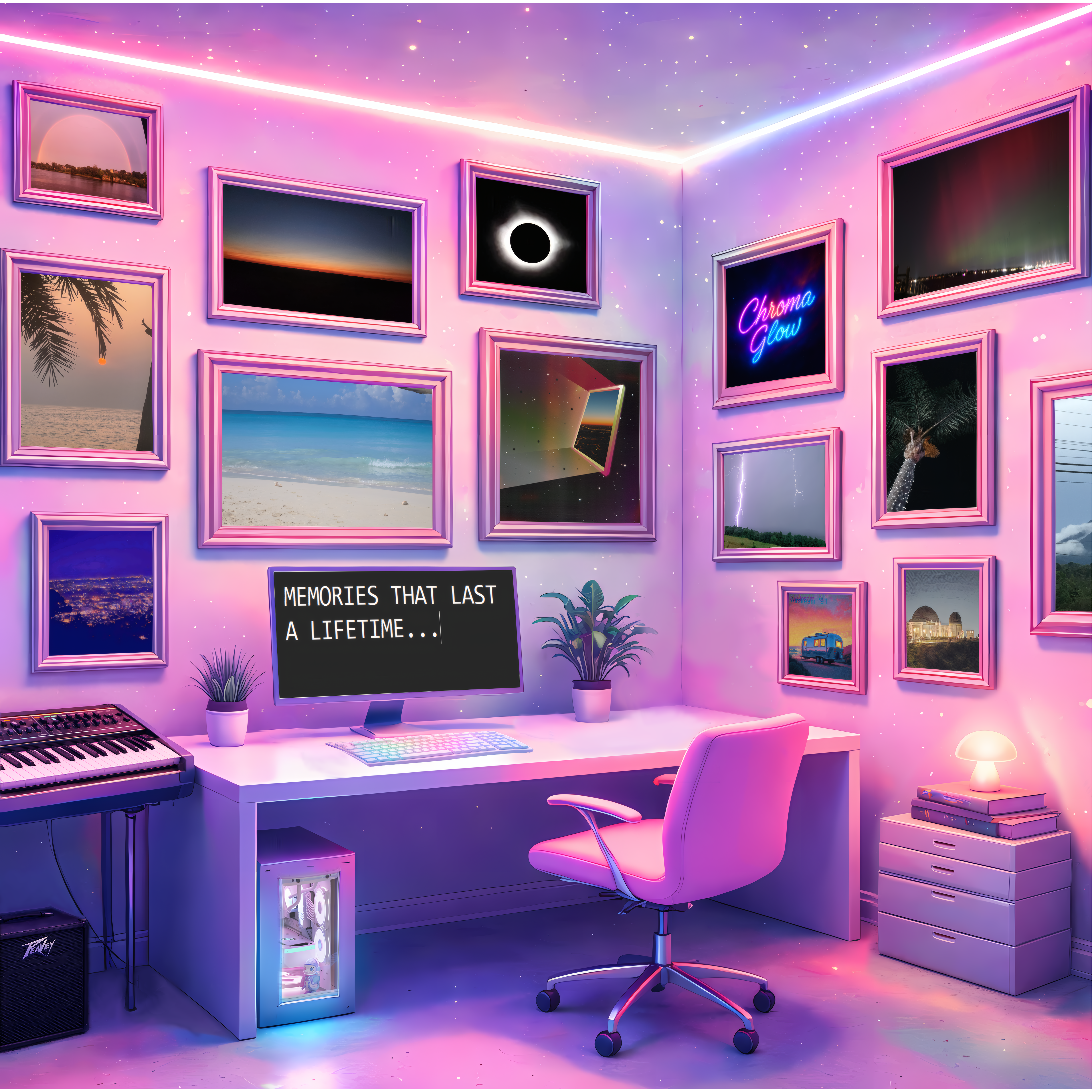 A neon memory room with framed portals on the walls